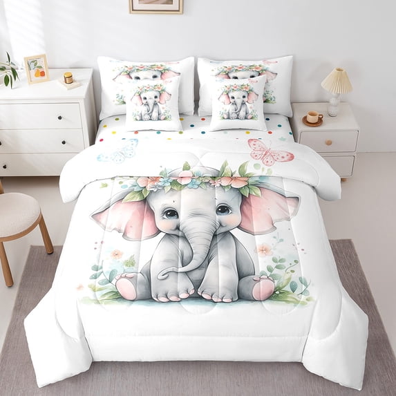 Kawaii Elephant Bedding Comforter Sets 7 Pieces Cartoon Animal Bed in a Bag, Cute Pink Butterfly King Bedding Sets Spring Garden Flower Comforter Set, Wildlife Theme Bedding Sets & Collections