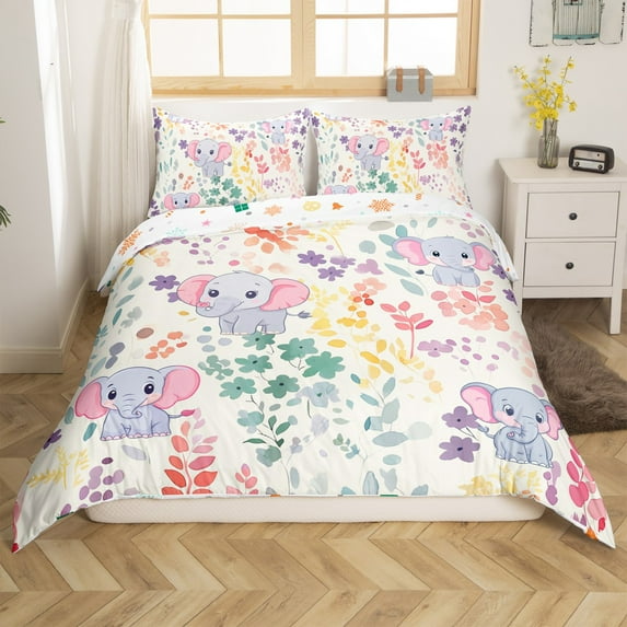 Kawaii Elephant Bedding Set Twin Size,Cartoon Elephant Flower Duvet Cover,Cute Watercolor Floral Bed Set Wildlife Animal Duvet Cover with 1 Pillowcase(No Comforter)