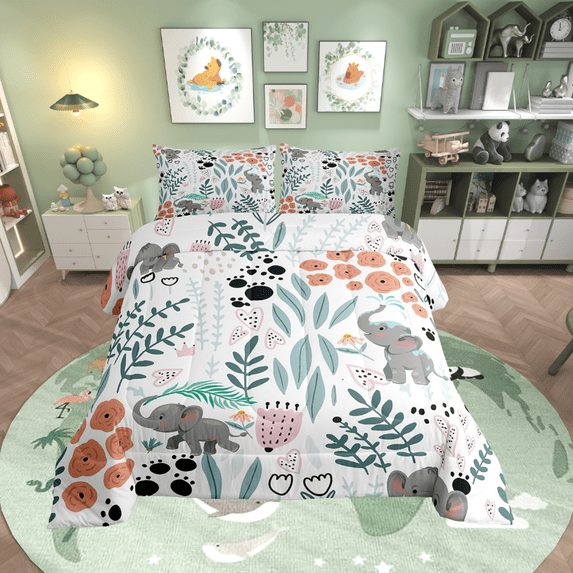 Kawaii Elephant Comforter Set,Cartoon Elephant Bedding Set King,Cute Love Heart Leaves Flowers Comforter Set ,Paw Print Animal Quilt Duvet Insert with 2 Pillow Cases