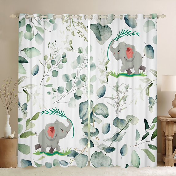 Kawaii Elephant Curtains & Drapes Cartoon Animal Curtains, Eucalyptus Leaves 30%-50% Blackout Curtains Jungle Wildlife Living Room Curtains, Tropical Botanical Plants Window Curtains