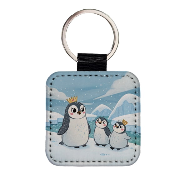 Kawaii Emperor Penguins Faux Leather Square Keychain