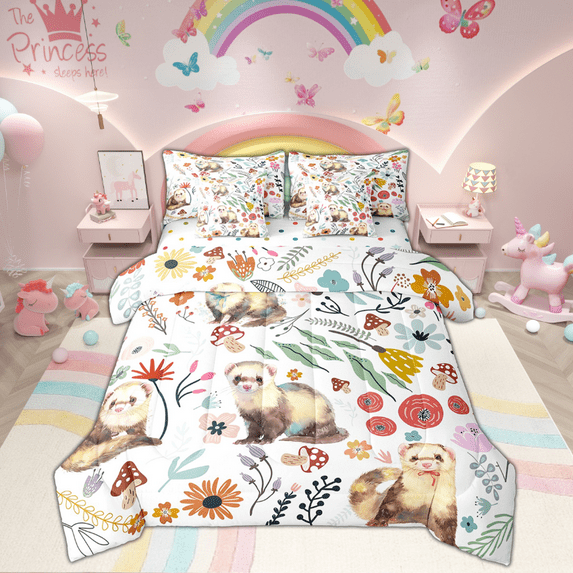 Kawaii Ferret 7 Piece Comforter Set Full Bed in a Bag,Mushroom Floral Cartoon Animal Bedding Sets Watercolor Flowers Leaves Sheet Set with Comforter