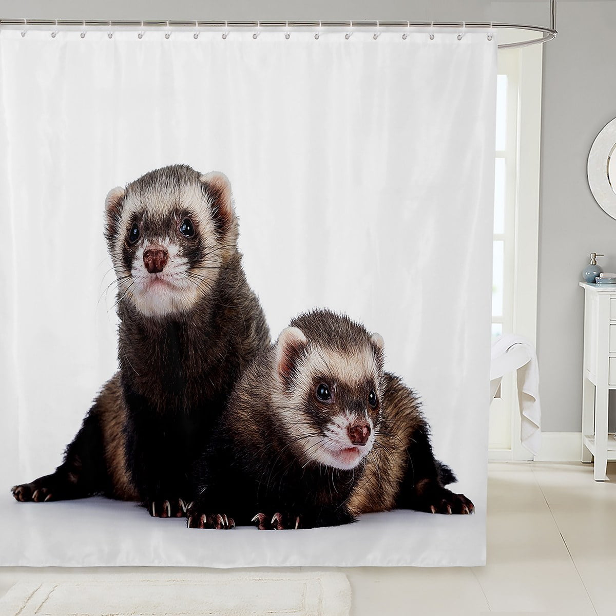Kawaii Ferret Shower Curtain for Boys Girls White Brown Waterproof Bathroom Curtain, Wild Animal
