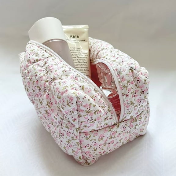 Kawaii Flower Printed Cosmetic Pouch Women Girls Storage Organizer Toiletry Handbag Large Travel Cosmetic Bag Floral Puffy Quilted Makeup Bag PINK