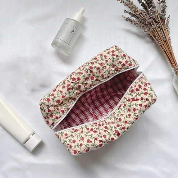 Kawaii Flower Printed Cosmetic Pouch Women Girls Storage Organizer Toiletry Handbag Large Travel Cosmetic Bag Floral Puffy Quilted Makeup Bag RED