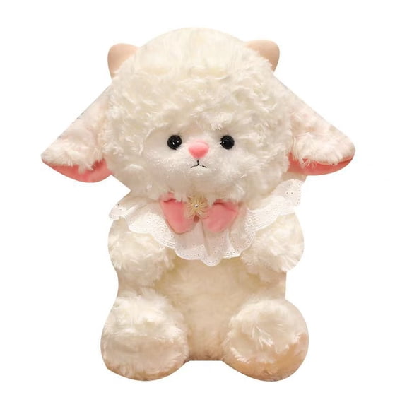 Kawaii Fluffy White Sheep Plush Toy with Lace Collar & Pink Bow, Cute Cottagecore Lamb Stuffed Animal Doll, Soft CurlyFur Lamb Plushie for Kids Girls Home Decor Birthday Gift