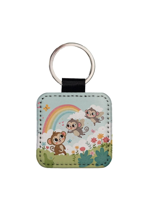 Kawaii Flying Monkeys Faux Leather Square Keychain