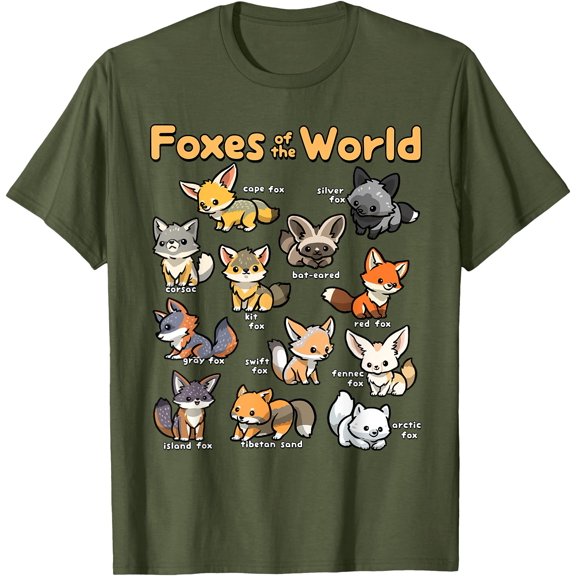 Kawaii Fox Animals of the World Educational Animal Foxes Lover Unisex T-Shirt for Men Women Kids,Military Green Color,Size L