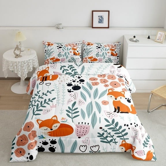 Kawaii Fox Bedding Set,Cartoon Fox Comforter Set Twin,Cute Love Heart Leaf Flower Comforter Set ,Paw Print Animals Quilt Duvet Insert with 1 Pillow Case