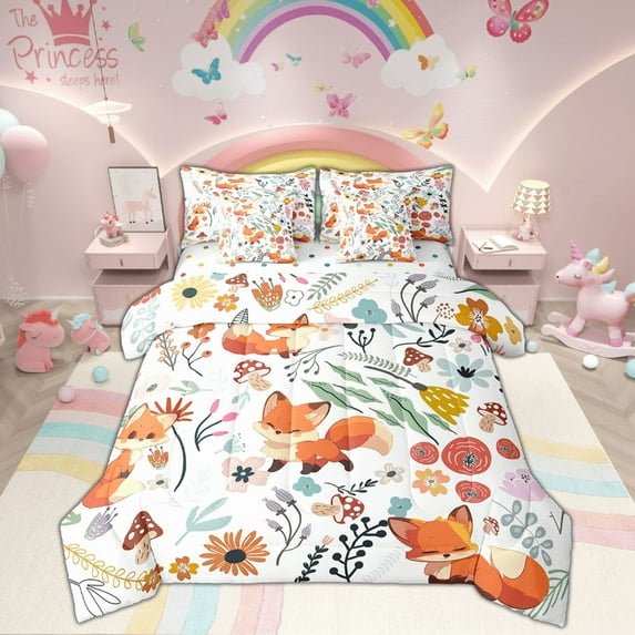 Kawaii Fox Comforter Set 7 Piece Bed in a Bag Twin,Mushroom Floral Cartoon Animal Bedding Sets Watercolor Flowers Leaves Sheet Set with Comforter