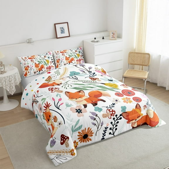 Kawaii Fox Comforter Set Mushroom Floral Twin Bedding Sets ,Cartoon Animal Quilt Watercolor Flowers Leaves Duvet Insert ,Cute Room Decor