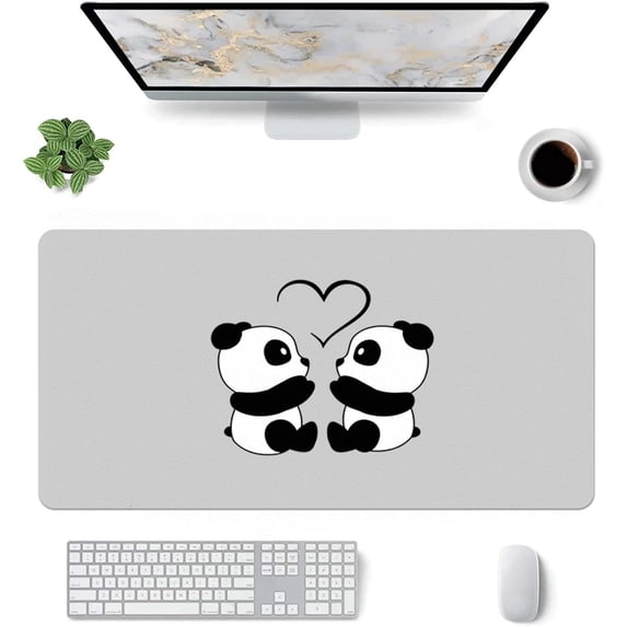 Kawaii Friendly Panda Pattern Mouse Pad,Desk Mat,Game Mat,Makeup Table Mat,Varied Use Mat for Office/Home/Study Girls Boys(31.5''''X15.7'''''',Grey&Friendly Panda)