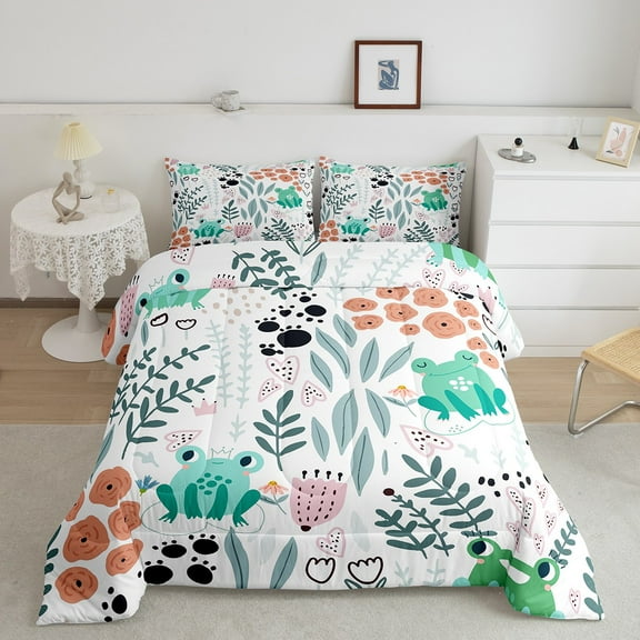 Kawaii Frog Bedding Set,Cartoon Frog Comforter Set Twin,Cute Love Heart Leaf Flower Comforter Set ,Paw Print Animals Quilt Duvet Insert with 1 Pillow Case