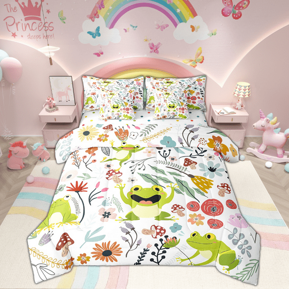 Kawaii Frog Comforter Set 7 Piece Bed in a Bag Twin,Mushroom Floral Cartoon Animal Bedding Sets Watercolor Flowers Leaves Sheet Set with Comforter