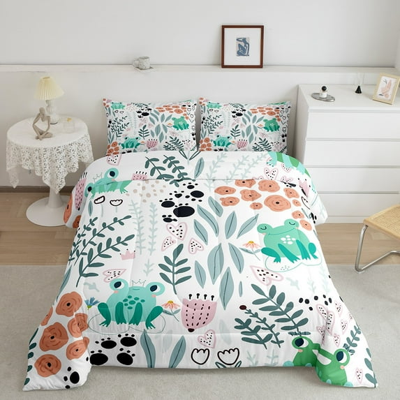 Kawaii Frog Comforter Set,Cartoon Frog Bedding Set Full,Cute Love Heart Leaves Flowers Comforter Set ,Paw Print Animal Quilt Duvet Insert with 2 Pillow Cases