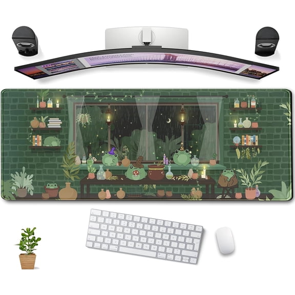 Kawaii Frog Mouse Pad Cute Green Anime Frogs Desk Mat, XL Large Gaming Mousepad for Women Girl Gamer Office Desktop Decor Computer Laptop Keyboard Mouse Mat 31.5''''x11.8'''', Plant Floral Desk Pad