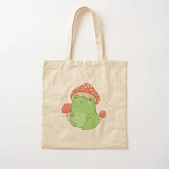 Kawaii Frog With Mushroom Hat: Cottagecore Aesthetic Froggy, Chubby Toad In Forest Themed Fantasy Toadstools Cotton Tote Bag Canvas Tote Bag, Family Gift For Mother, Her