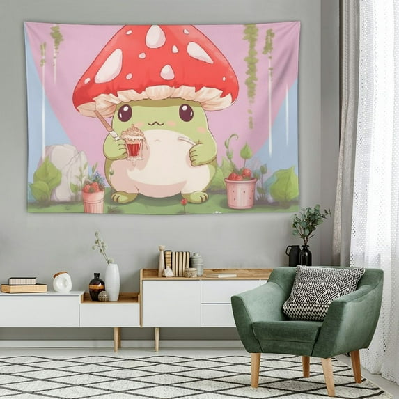 Kawaii Frog Mushroom Tapestry pink cute room decor Aesthetic Wall Hanging Tapestry room decor for teen girl's Bedroom Funny Living Room Home Decor (60x40 Inch, Pink)