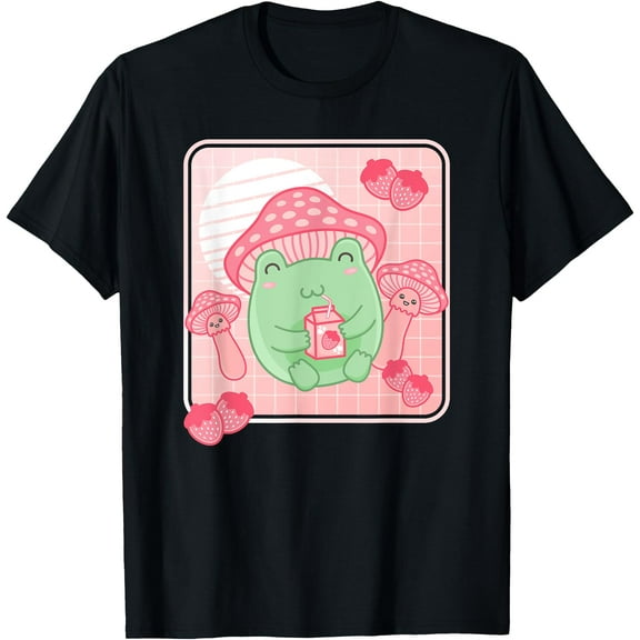 Kawaii Frog Pink Strawberry Milk Mushroom Frog Lover Unisex T-Shirt for Men Women Kids,Black Color,Size 3T