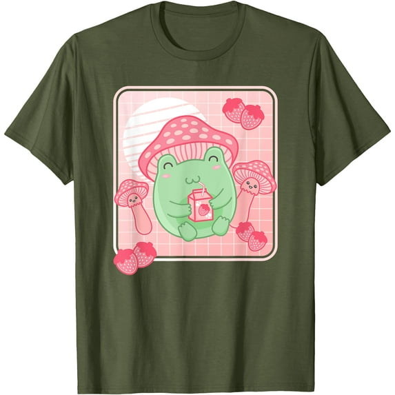 Kawaii Frog Pink Strawberry Milk Mushroom Frog Lover Unisex T-Shirt for Men Women Kids,Military Green Color,Size M