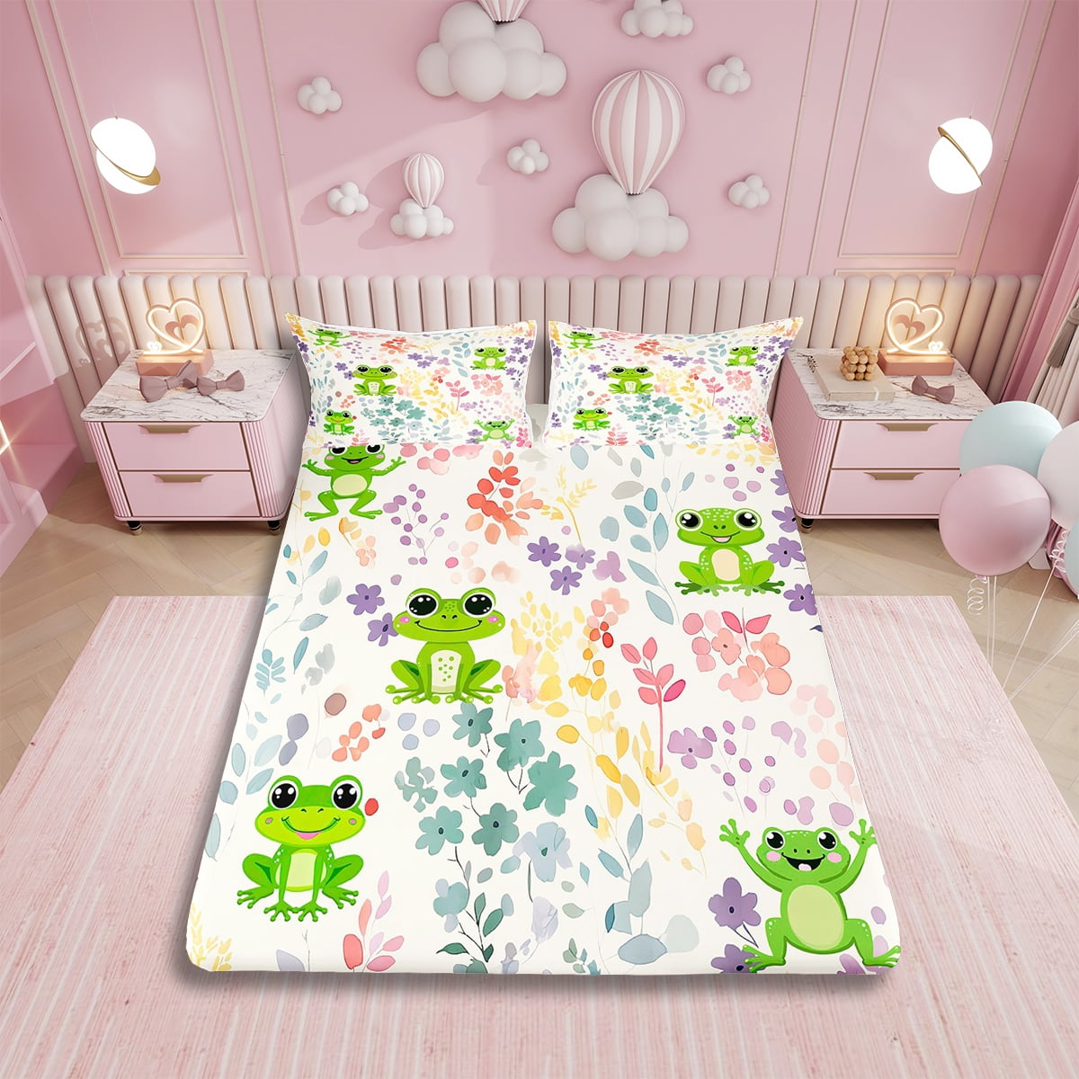Kawaii Frog Queen Bed Sheets Set,Cute Floral Frog Bedding Set for Kids ...