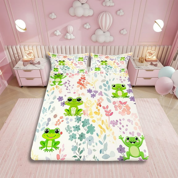 Kawaii Frog Twin Bed Sheets Set,Cute Floral Frog Bedding Set for Kids Girls Boys,Rainbow Flower Leaf Plant Sheets Colorful Wildflower Animal Print Fitted Sheet Set 3Pcs