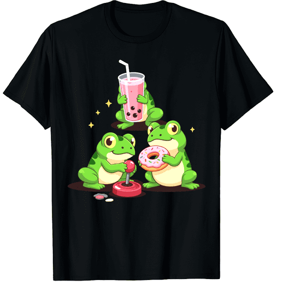 Kawaii Frogs Milk Tea Video Game Donut Frog Graphic Black T-Shirt for Men and Women