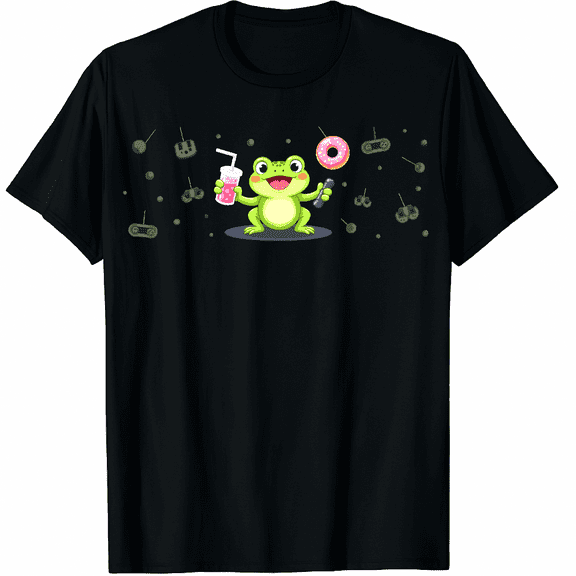 Kawaii Frogs Milk Tea Video Game Donut Frog Graphic Black T-Shirt for Men and Women