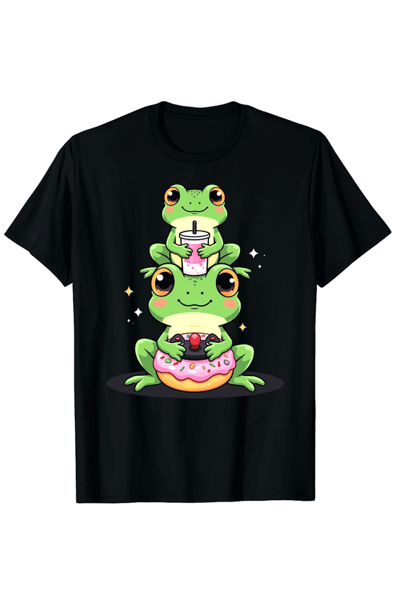 Kawaii Frogs Milk Tea Video Game Donut Frog Graphic Black T-Shirt for Men and Women