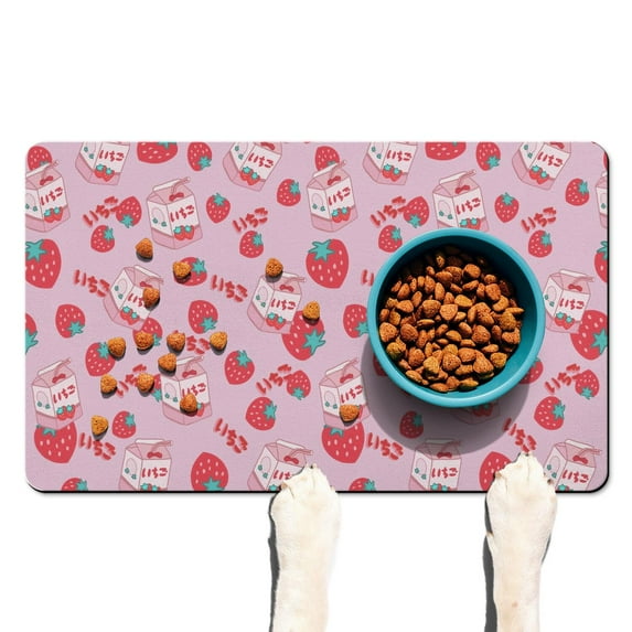 Kawaii Fruit Pet Placemat - Non-Slip Dog Food Spill Mat with Cartoon Strawberry and Flowers