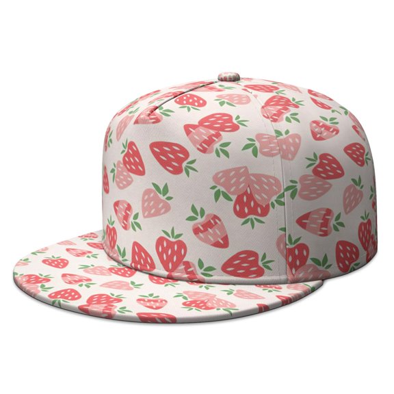 Kawaii Fruit Snapback - Strawberry & Flowers Pattern Adjustable Cap, Cute Summer Wear