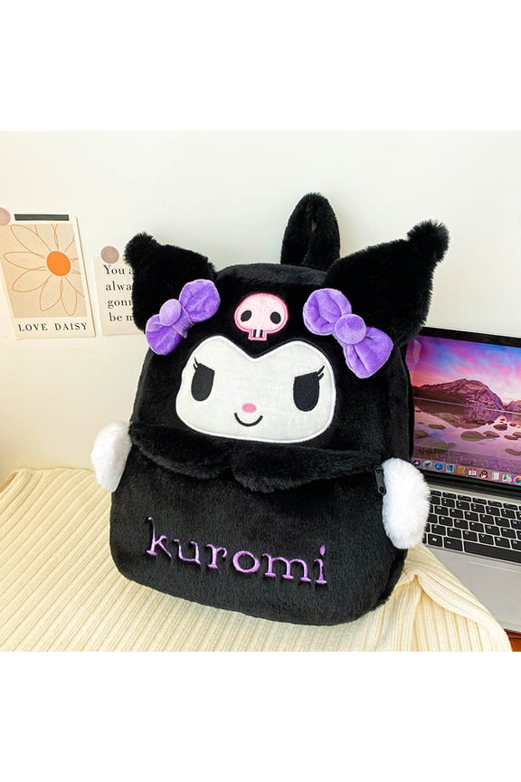 Kawaii Fuzzy Kuromi Backpack Daypack, Cute Y2K Fluffy Animals Design Chic Cartoon Furry Daypack Bookbag Daily Shoulder Bag