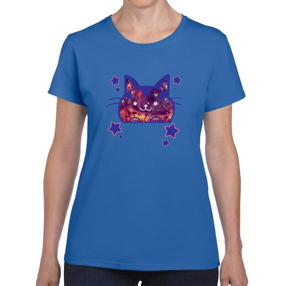 Kawaii Galaxy Cat Graphic Women Royal Blue T-Shirt, Female x-Large