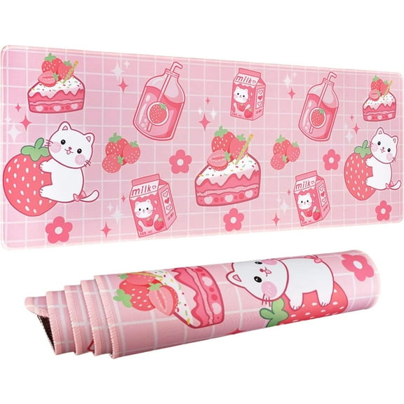 Kawaii Gaming Mouse Pad for Desk, Extended Large Cat Strawberry Milk Mouse Pad, Pink Mousepad XL, Cute Mouse Pad Anime, Long Big Mouse Mat, Kawaii Strawberry Decor Stuff Accessories, 31.5 X 11.8 Inch