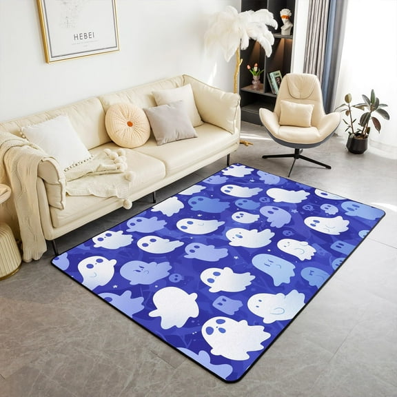 Kawaii Ghost Area Rug,Tie-dye Graffiti Trippy Starry Sky Indoor Floor Mat Entrance Rug,Happy Halloween Non Slip Rug,Blue White Chairs Couch Living Room Decor 1x2ft