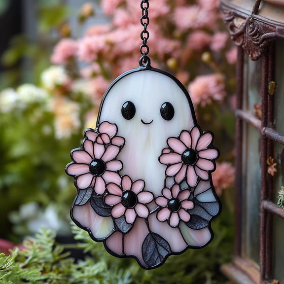Kawaii Ghost Floral Acrylic 2D FLAT Suncatcher Acrylic Suncatcher Window Hanging – Pastel Pink Halloween Decor Gift For Cute Spooky Lovers