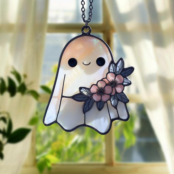 Kawaii Ghost Floral Acrylic Suncatcher Acrylic Suncatcher Window Hanging – Pastel Pink Halloween Decor Gift For Cute Spooky Lovers