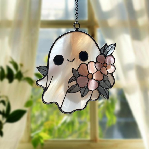Kawaii Ghost Floral Acrylic Suncatcher Acrylic Suncatcher Window Hanging – Pastel Pink Halloween Decor Gift For Cute Spooky Lovers