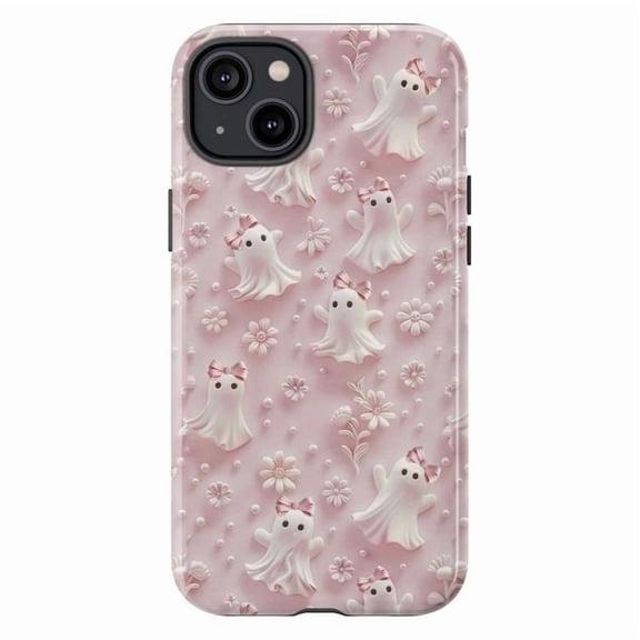 Kawaii Ghost Floral iPhone Case, Pink Girly Halloween Aesthetic Protective Cover, Cute Pastel Spirit Design for iPhone 16 15 14 13 12 11 Pro Max Plus Mini