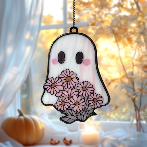 Kawaii Ghost With Pink Daisies Acrylic Suncatcher – Pastel Faux Stained Glass Window Hanging, Cute Spooky Decor Gift For Halloween Lovers 4346740086