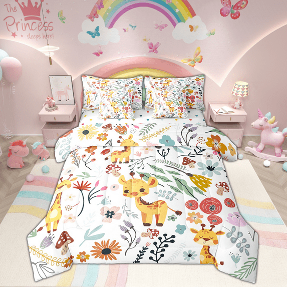 Kawaii Giraffe Bed in a Bag Queen Comforter Set 7 Piece,Mushroom Floral Cartoon Animal Bedding Sets Watercolor Flowers Leaves Sheet Set with Comforter