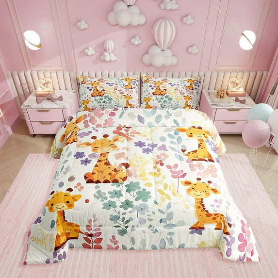 Kawaii Giraffe Comforter Set Queen Size,Cartoon Giraffe Floral Bedding Set,Cute Colorful Flower Quilt Bed Set Wildlife Animal Print Down Comforter with 2 Pillowcases
