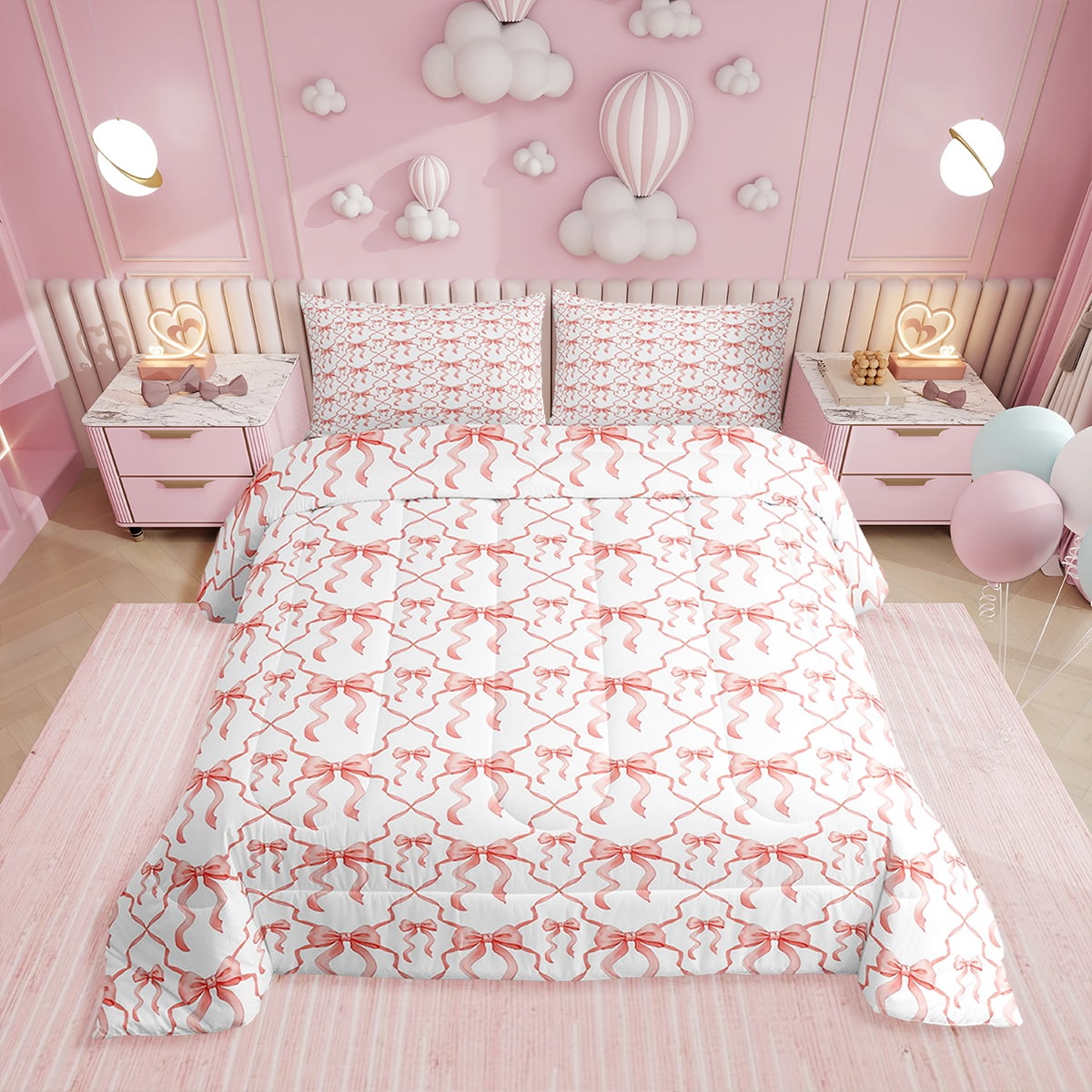 Kawaii Girly Bow Queen Comforter Set Dreamy Bow Bedding Set For Kids ...