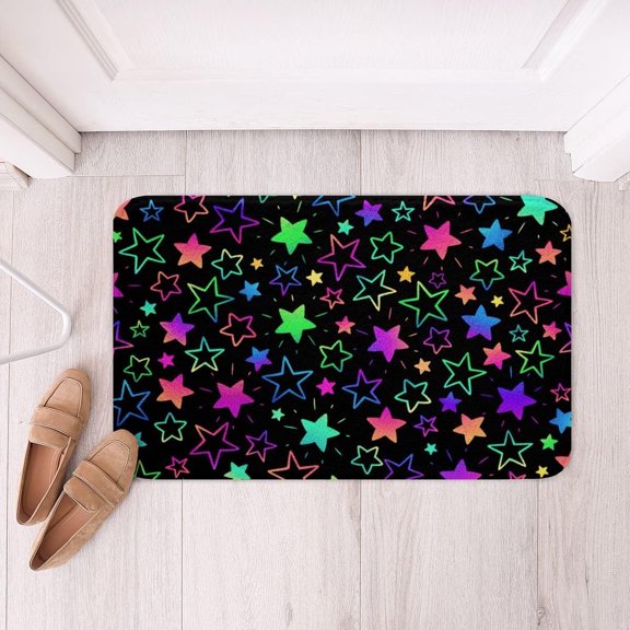 Kawaii Glitter Stars Non Slip Absorbent Bath Rug 16 x 24 Rainbow Neon Space Design Bathroom Carpet Psychedelic Cosmos Accent Rug