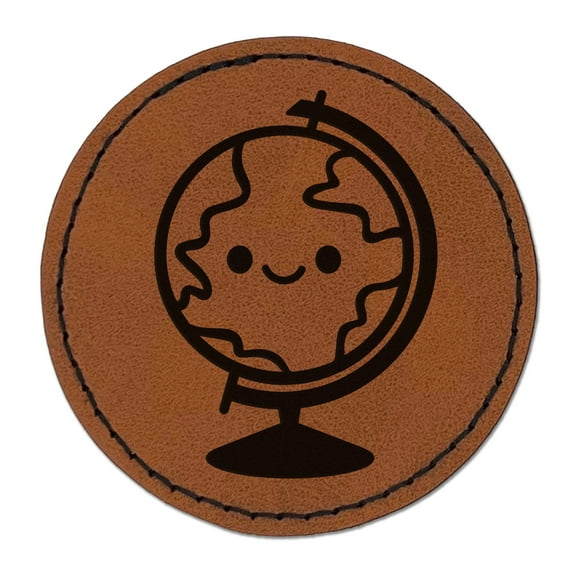 Kawaii Globe Earth Teacher School 2.5" Faux Leather Round Engraved Iron-On Patch - Brown