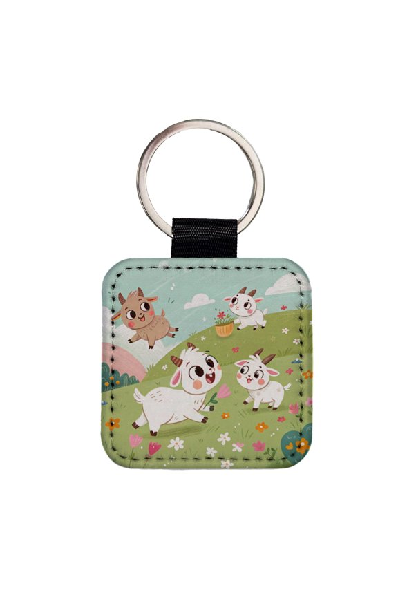 Kawaii Goats Faux Leather Square Keychain