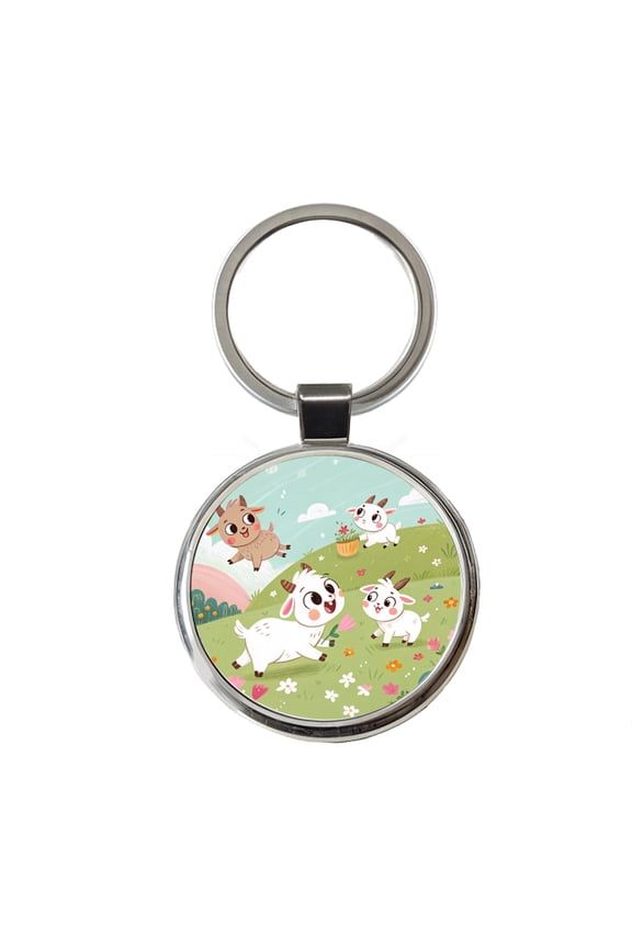 Kawaii Goats Metal Round Keychain