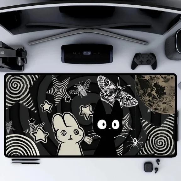 Kawaii Gothic Mouse Pad Creepy Cute Bunny and Cat Desk Mat, Horror Aesthetic Mousepad XL for Gamers Anime Gift Cat Lover Gift Cat Person Pad