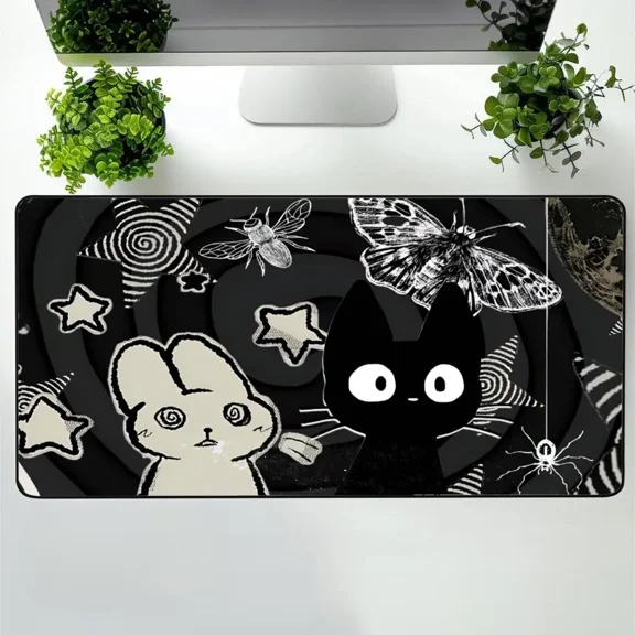 Kawaii Gothic Mouse Pad Creepy Cute Bunny and Cat Desk Mat, Horror Aesthetic Mousepad XL for Gamers Anime Gift Cat Lover Gift Cat Person Pad
