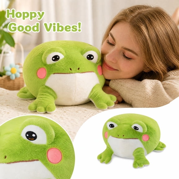 Kawaii Green Frog Plush Toy with Pink Cheeks, Soft Adorable Stuffed Animal for Home Desk Decor Cuddle Companion Gift Decorations
